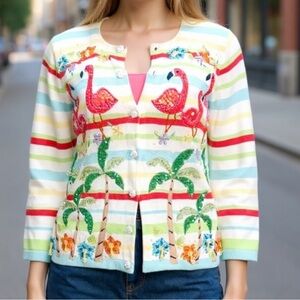 Vintage Just B Artsy Whimsical Sequined Flamingo Striped Cardigan Sweater SZ S
